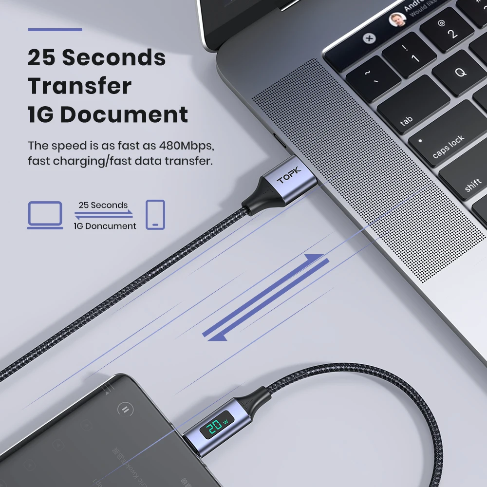 TOPK 1M Micro USB Cable Voltage and Current Display Data Sync USB Cable For Samsung Xiaomi Micro USB Port