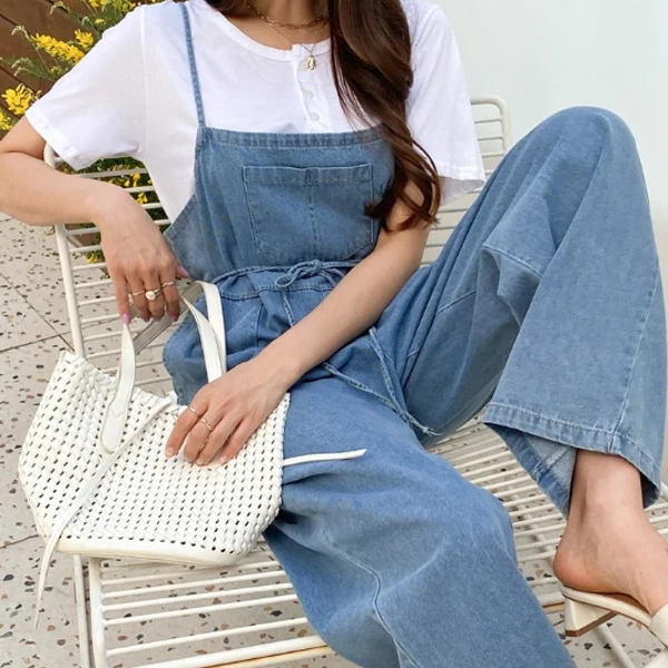 

와이드 데님 끈멜빵 팬츠