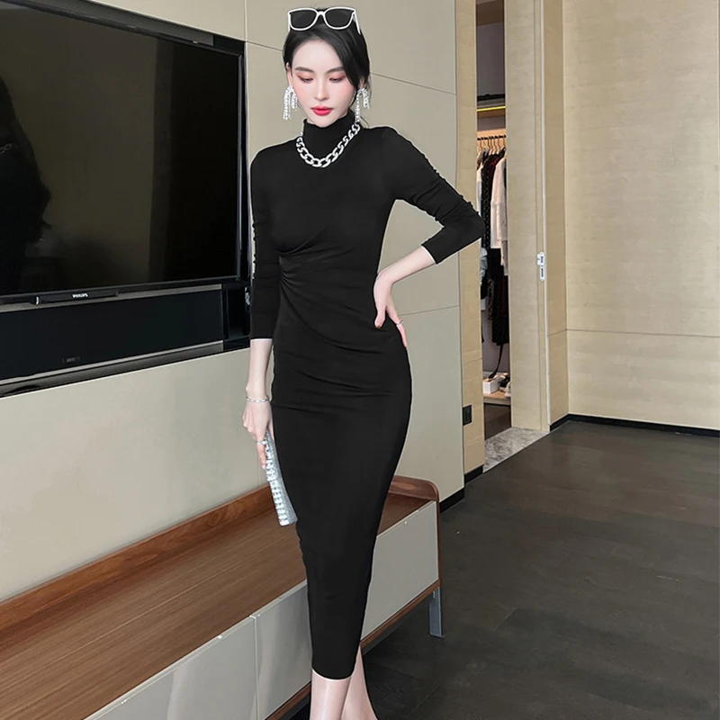 

Модное женское винтажное однотонное платье миди со складками в Корейском стиле, элегантная пикантная уличная одежда, облегающее женское платье с внутренней подкладкой