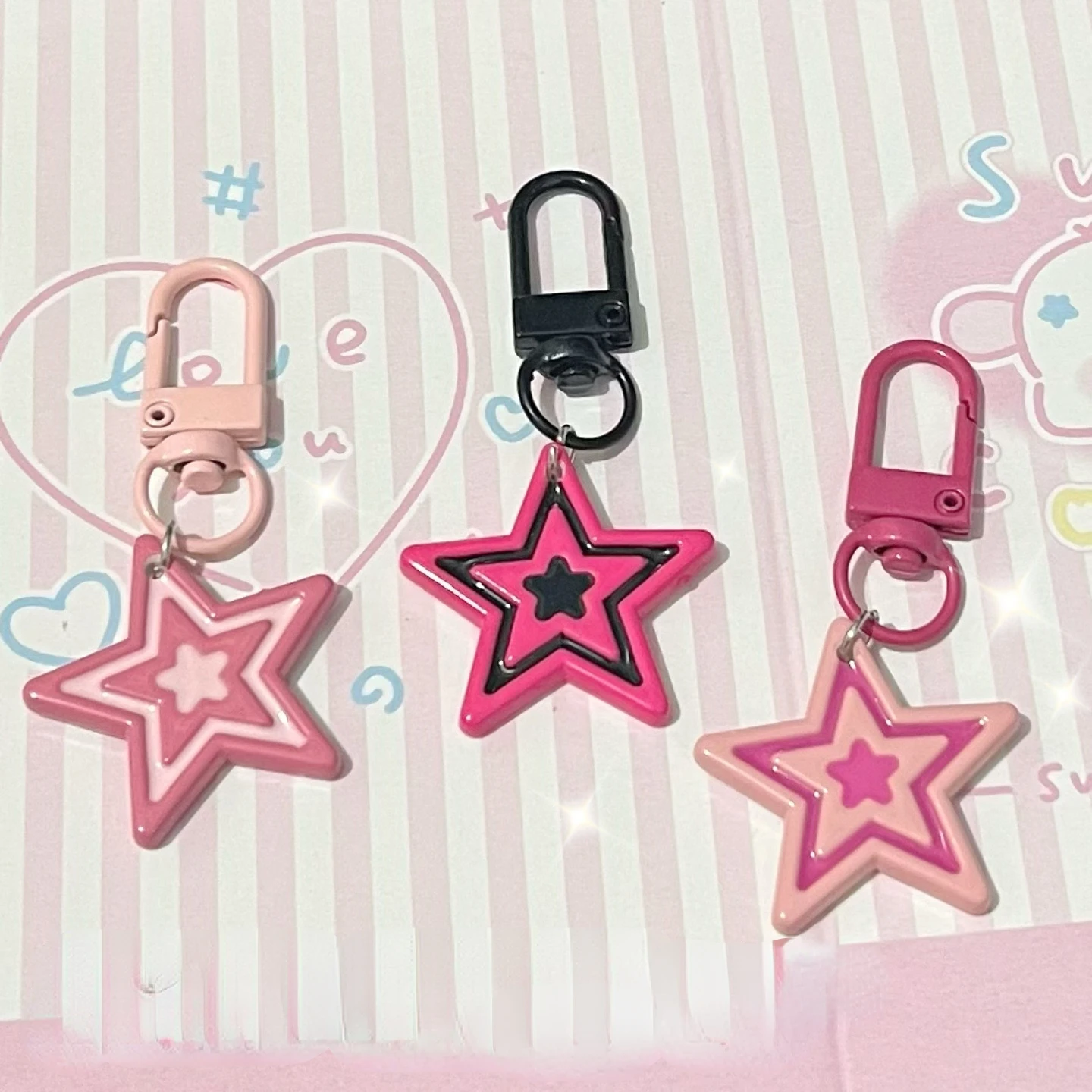 Trendy Rose Pink Star Pentagram Key Chain for Women Cool Sweet Charm Y2k Aesthetics Girls School Bag Pendant Accessories New