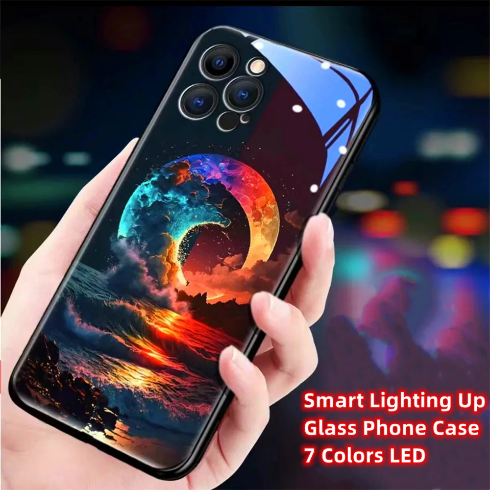 Фото Стильный чехол для iPhone Air 17 16 15 14 13 12 11 Pro Max Plus с дизайном «Лунный океан», умной LED-подсветкой и закаленным стеклом №2