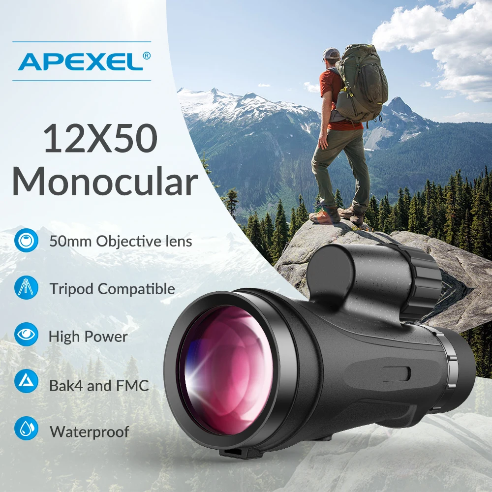 APEXEL 12X50 Telescope ED Monocular BAK4 Prism Phase Correction Coated Powerful Monoculars for Hunting Hiking Traveling Tourism