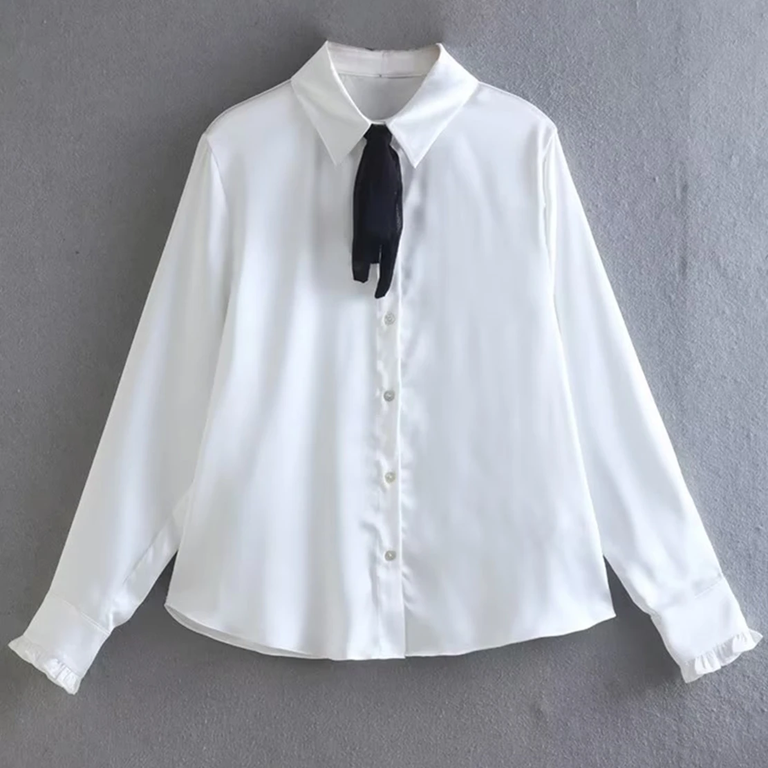 

Withered Simple Bow Silk White Shirt England Style Casual Blouse Women