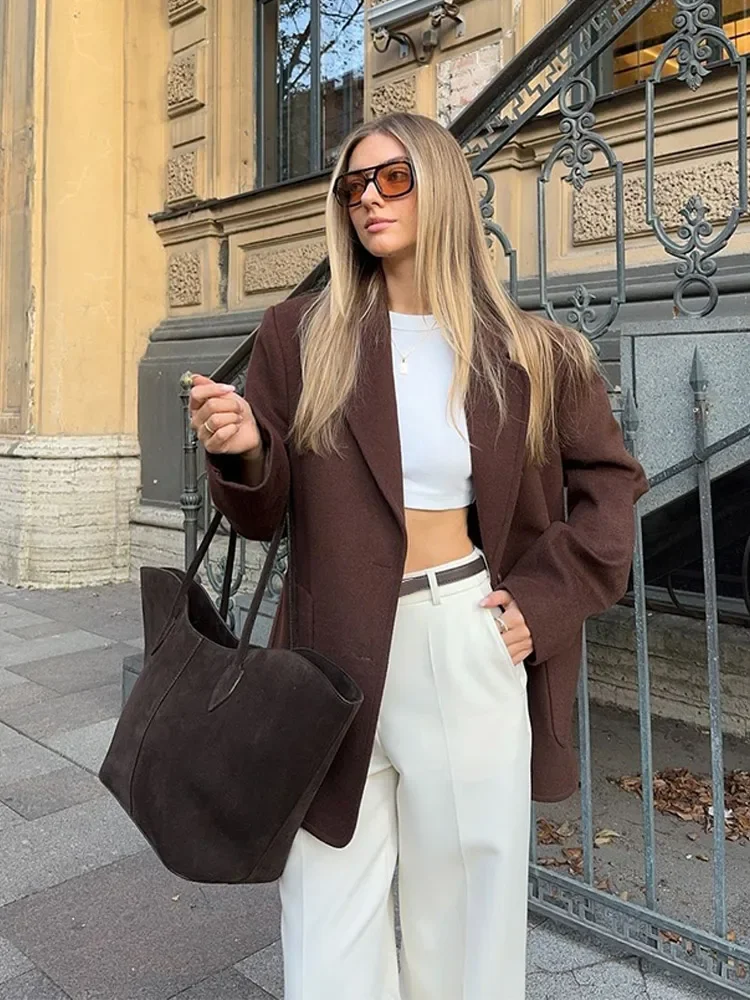 Осенний шикарный Женский блейзер с отложным воротником куртка повседневные