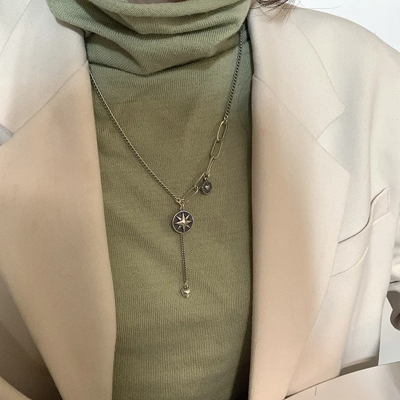 

MEETSOFT ожерелье-чокер из стерлингового серебра 925 пробы в стиле ретро с длинными кисточками и круглыми звездами и сердцами для женщин ювелирн...