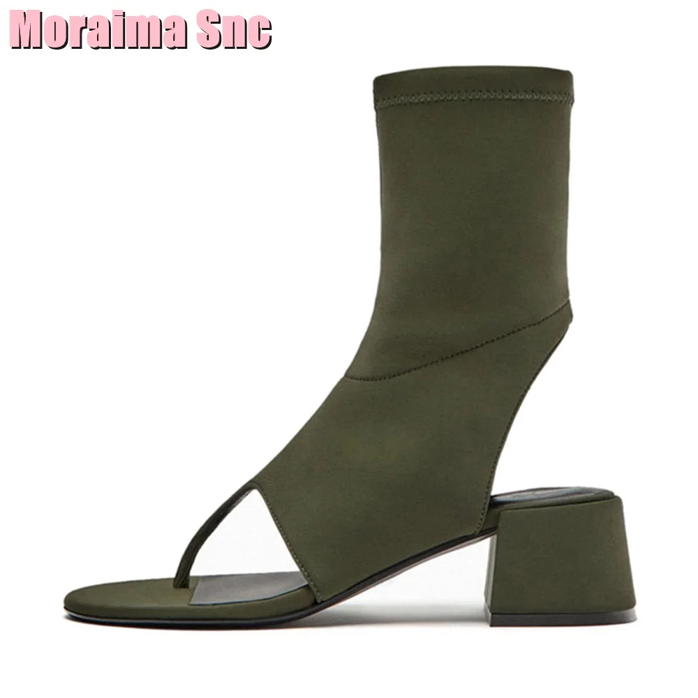 Clip Toe Lycra Slingback Ankle Boots Round Toe Side Zipper Block Mid Heel Army Green Solid Sexy Women Shoes Summer Fashion 2023