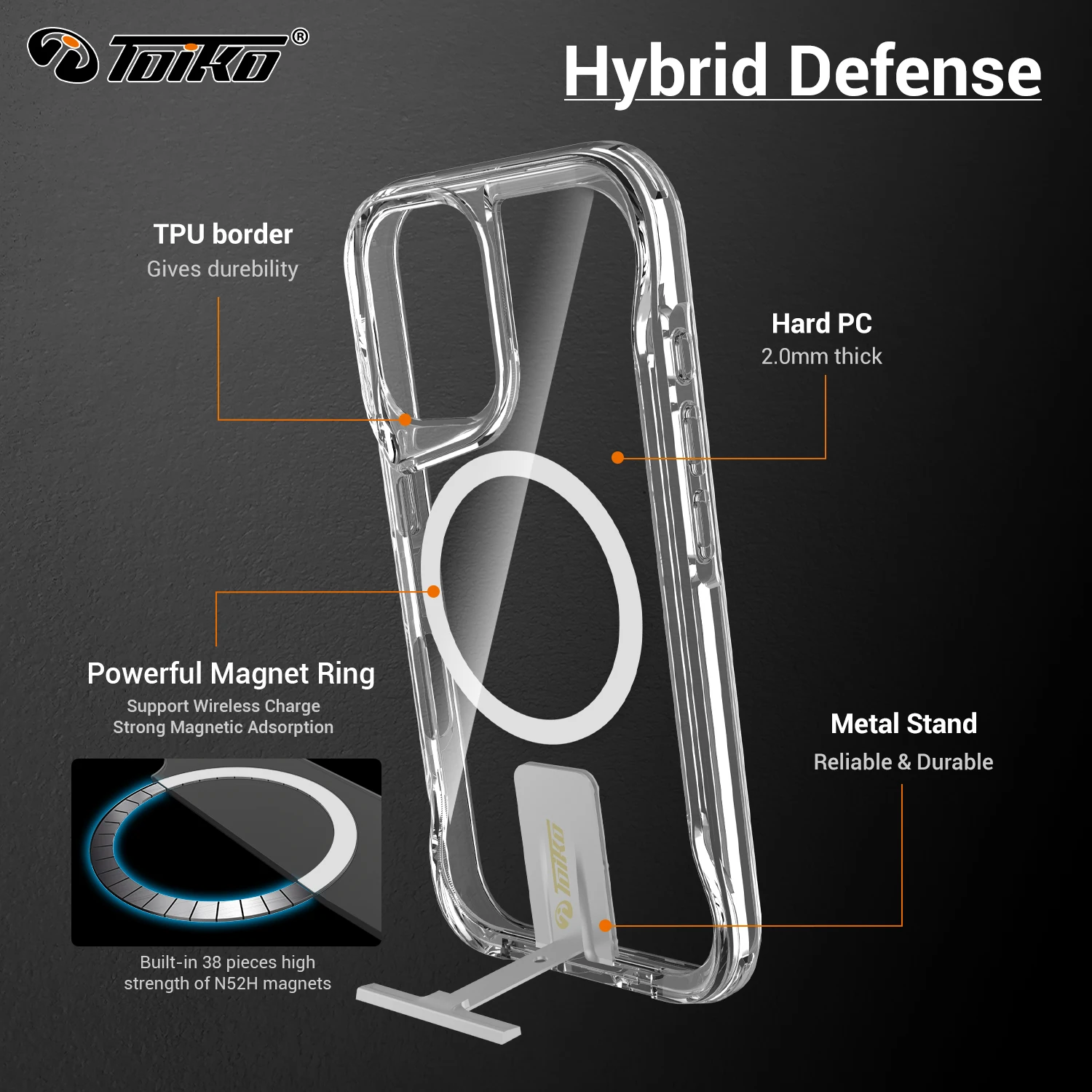 TOIKO Titan Прозрачный ударопрочный чехол с подставкой Magsafe для iPhone 16 Pro Max Plus