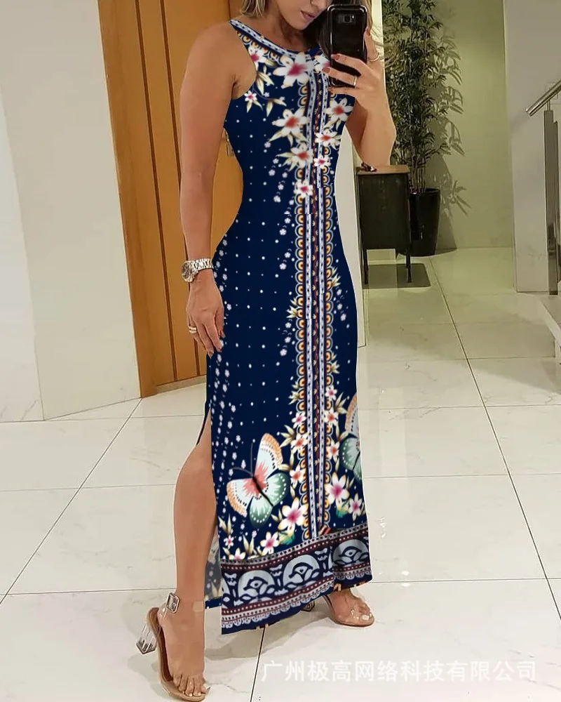 

Floral Butterfly Print Slit Sleeveless Maxi Dress Women Sleeveless Long Evening Party Slim Fashion Casual Dress High Waist
