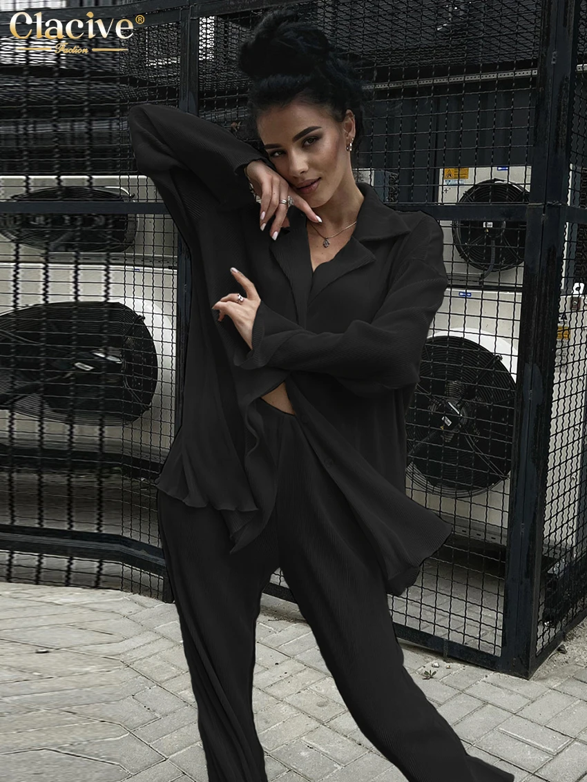 

Clacive Sexy Loose Black Pleated Pants Set Female Casual Lapel Long Sleeve Shirts High Waist Trousers 2 Piece Sets Women Outfits