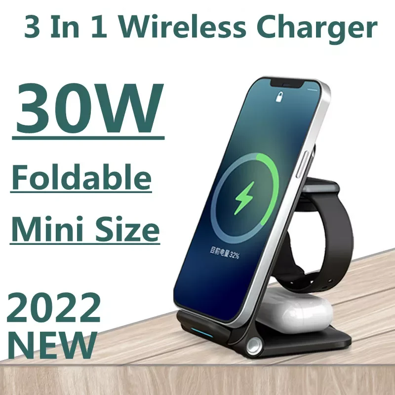 

30W Qi Fast Wireless Charger Stand For iPhone 11 12 X 8 Apple Watch 3 in 1 Foldable Charging Dock Station for Airpods Pro iWatch