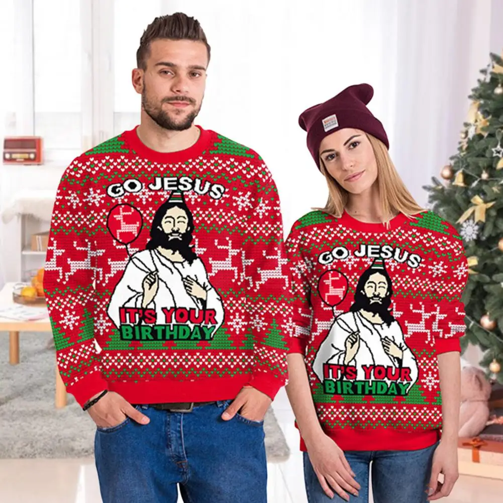 

Couple Christmas Sweatshirt Christmas Print Loose Long Sleeves Colorful Round Neck Warm Unisex Elk Thick Women Men Sweatshirt