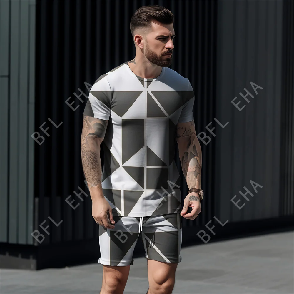 2023 New Men Fashion 3D Gradient color graphics Print Men Street Casual Short T Shirts+Shorts 2-piece Set Oversized Man Clothing
