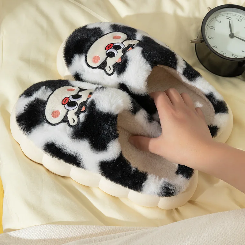 Winter Animal Cotton Slippers Women Design Cute Cow Furry Warm Ladies' Slides Indoor Soft Plush Unisex Memory Foam Platform Shoe