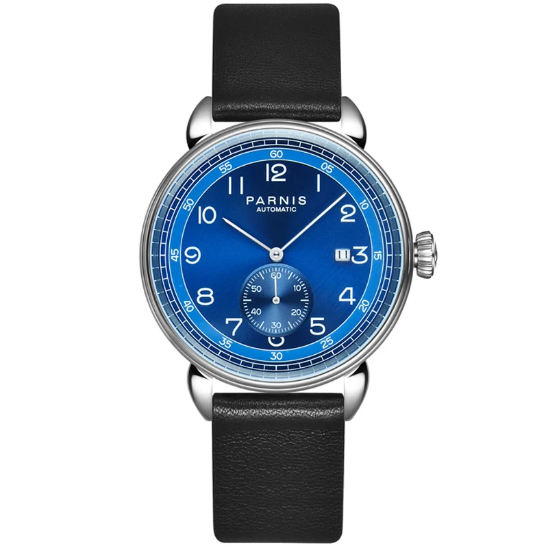 

Parnis 42mm Blue Dial Automatic Mechanical Men's Watch Leather Strap Calendar Men Watches montre homme Man Clock 2022 Gift Box