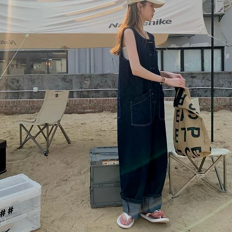 2021 New Denim One Piece Jumpsuits Women Summer Loose Fashion Sleeveless Jeans Playsuits Casual Overalls Lazy Style Wide-Leg