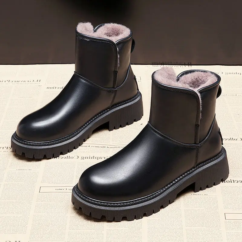 Leather and Fur Shoes for Women Waterproof Black Women's Snow Boots Furry Winter 2023 Shoe Padded Footwear Boot Booties on Sale