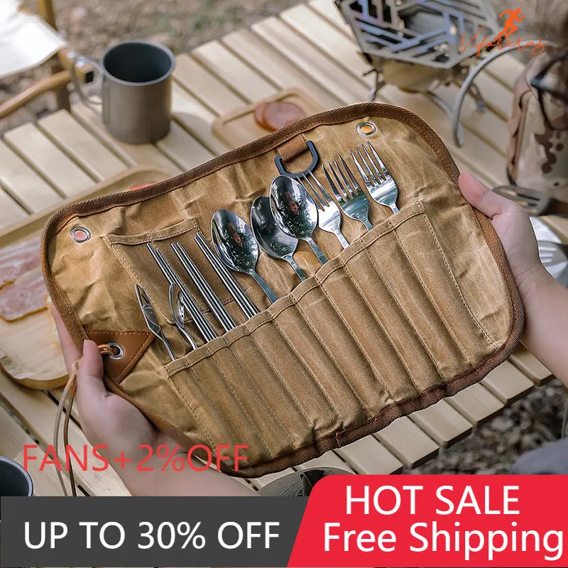 

Outdoor Tableware Storage Bag 3-Person Set Buggy Bag Stainless Steel Spoon Chopsticks Fork Waxed Canvas Camping Equipment Bbq