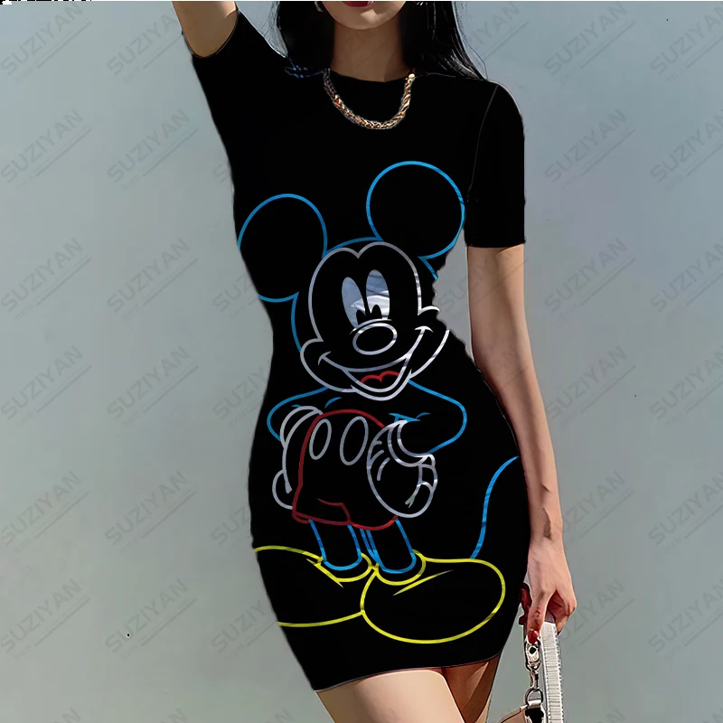 

New Hot Selling Disney 3D Printing Women's Short Sleeve Round Neck Sexy Dress Elegant and Slim Fit Party Dress Wrapped Hip Dress