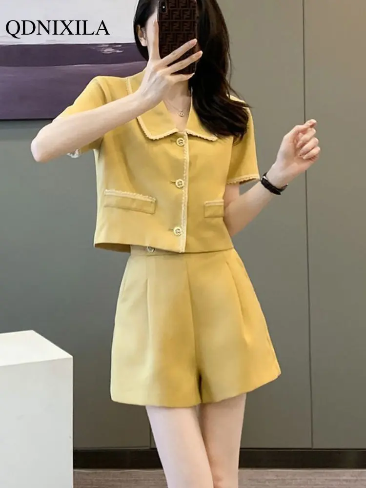 

2023 женские летние комплекты с шортами, роскошные корейские комплекты с завышенной талией, шикарные и элегантные женские шорты, комплект из двух предметов