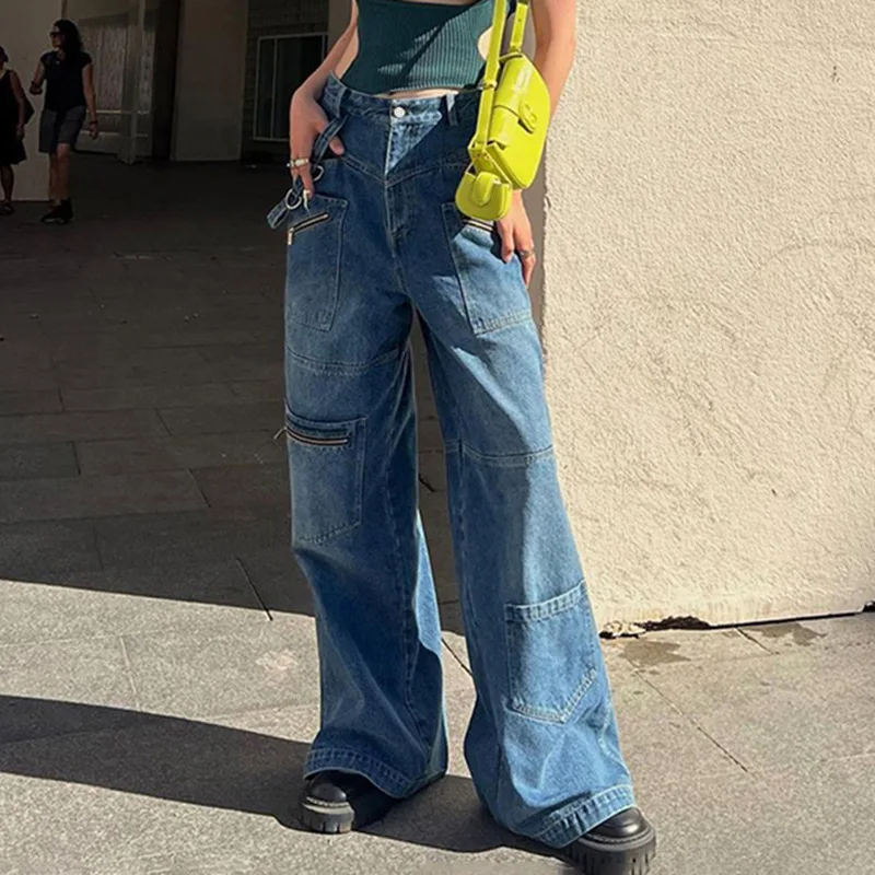 Retro Baggy Straight Jeans Y2k Streetwear Women High Waist Casual Loose Fit Casual Denim Trousers Female Harajuku Cargo Pants