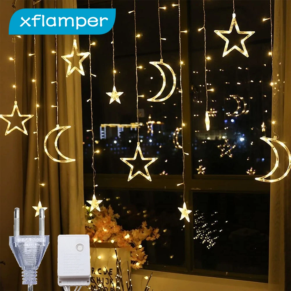 Xflamper-cortina de luces LED con forma de luna y Estrella, 3,5 M, 8 modos de parpadeo, decoración para el hogar, fiesta de boda, Ramadán, IP44, 138