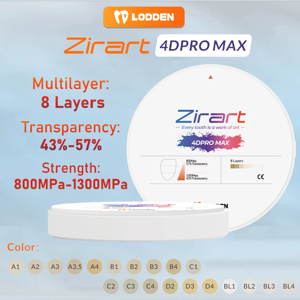 Фото Lodden 4D PRO MAX Циркониевый стоматологический многослойный блок 98 мм VITA16 цветов Суперпрозрачный стоматологический циркониевый диск для CAD CAM №1