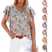 2022 summer new womens tops v neck printed short sleeved loose casual pullover shirts