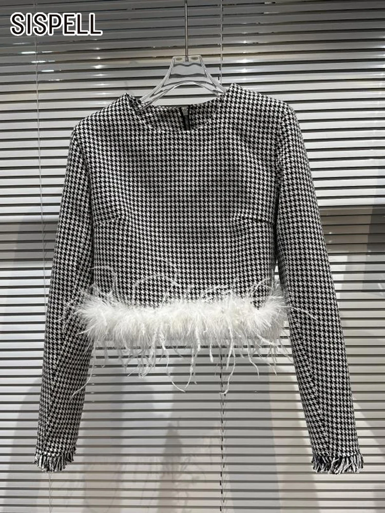 

SISPELL Plaid Coats For Women Round Neck Long Sleeve Patchwork Feather Hit Color Temperament Coat Female Autumn Clothing Fashion