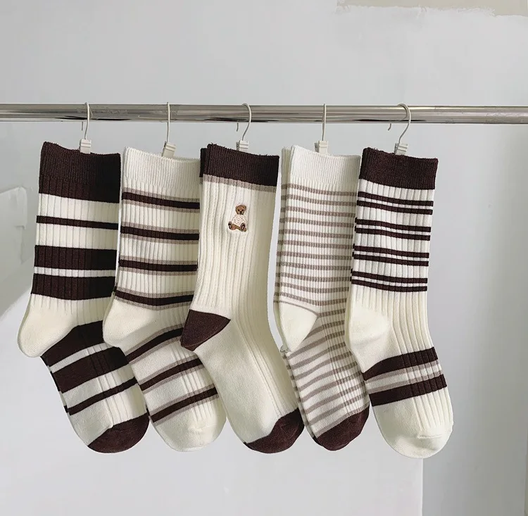 

5pairs Coffee Color Socks Female Embroidery Bear Medium Tube Socks Autumn and Winter Japanese Cute Trend Student Cute Socks