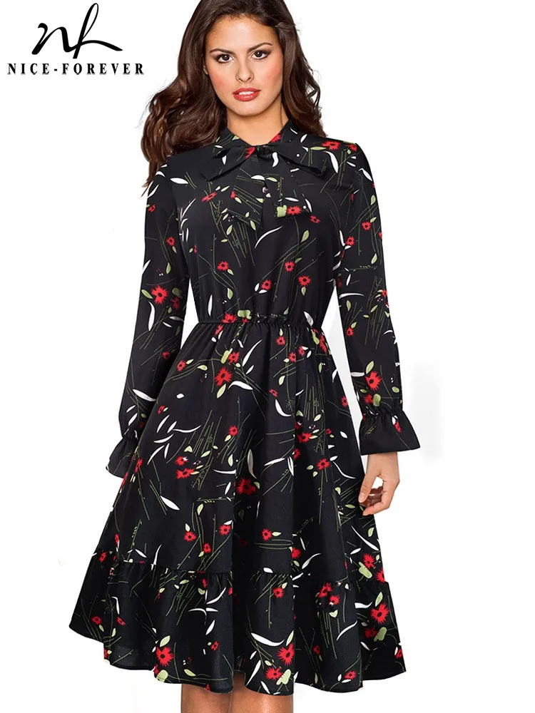 

Nice-forever Spring Women Retro Pinup Flroal Chiffon Dresses Casual Party Elegant Flare Swing Dress A130