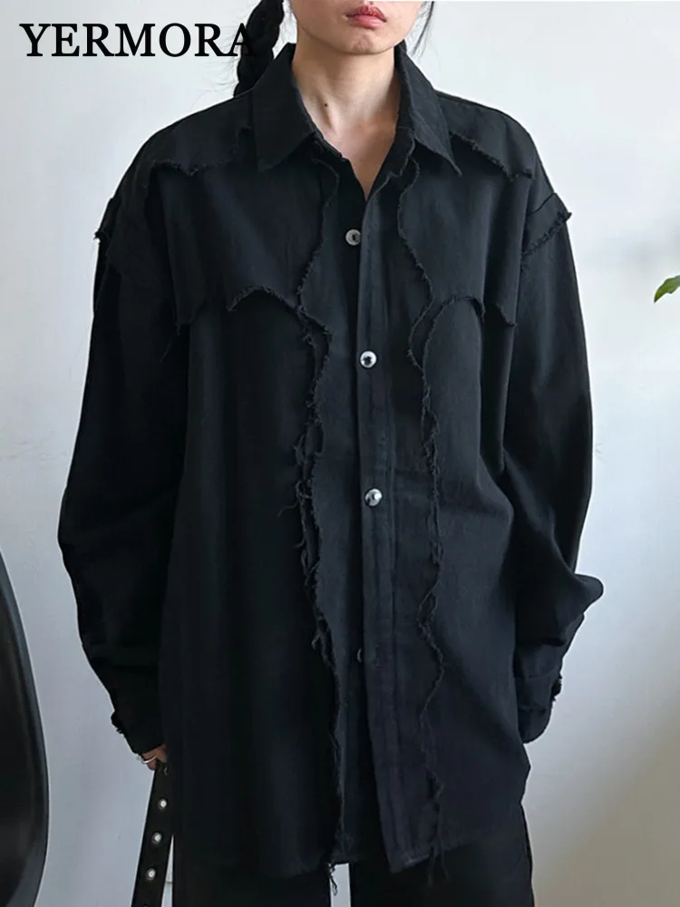 YERMORA женская черная нерегулярная сращенная повседневная блузка с лацканами и