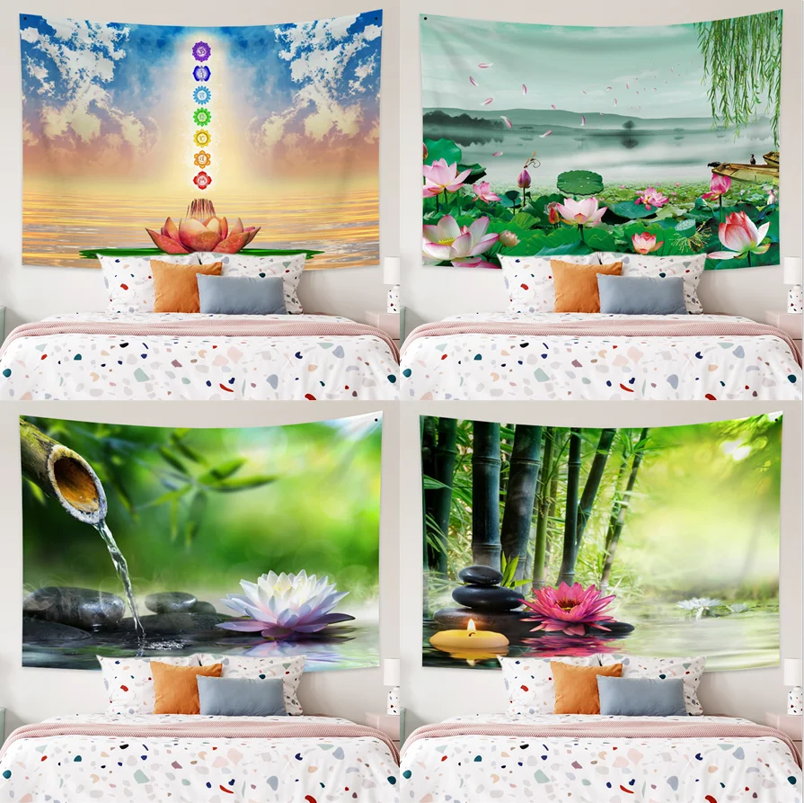 

The New Zen Stone Bamboo Tapestry Zen Garden Water Lily Printed Wall Hanging Carpets Fresh Home Art Decorations Bohe Bed Mat