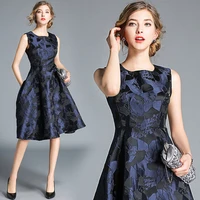 summerautumn vintage jacquard women dress luxury slim floral blue vestido party o neck sleeveless elegant casual tank dresses