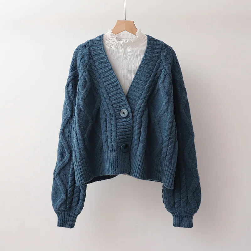 

Short Coarse Yarn Knitted Women Sweater Cardigan Winter Sweet Style Solid Long-Sleeved Thick Warm Female Outwear Coats Tops