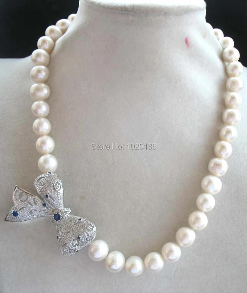 

freshwater pearl white near round 9-10mm and bowknot necklace 18inch fashion