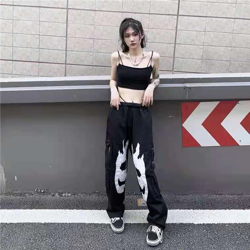 Men and Women Hip Hop Oversize Elastic Waist Overalls Loose Streetwear Trousers Skull Embroidery Pockets Cargo Pants Harajuku