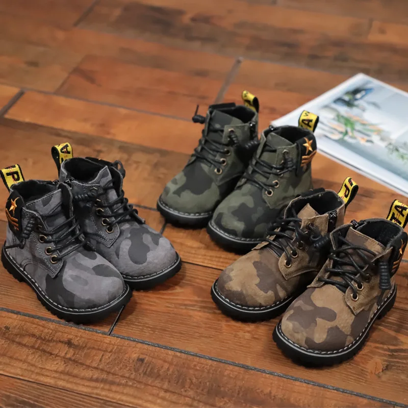 

Детские модные камуфляжные Ботильоны на весну и зиму, высокие кожаные ботинки для малышей, сетчатые/Плюшевые ботинки с внутренней подкладкой