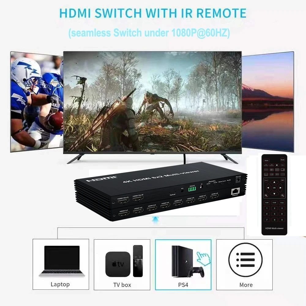 Фото 4K двойной дисплей 8x2 HDMI Multi-viewer 8 в 2 выхода HDMI мультивар бесшовный коммутатор поддержка PIP-накладки с оптическим выходом 3,5 мм №3