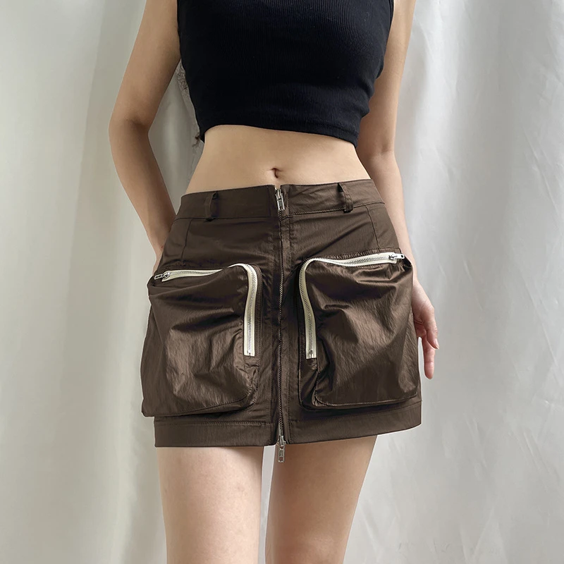 

Summer Slim Fashion Contrast Color Gothic High Waist Zipper Pocket Women Casual Vintage Mini Skirts Girl Straight Skirt Brown