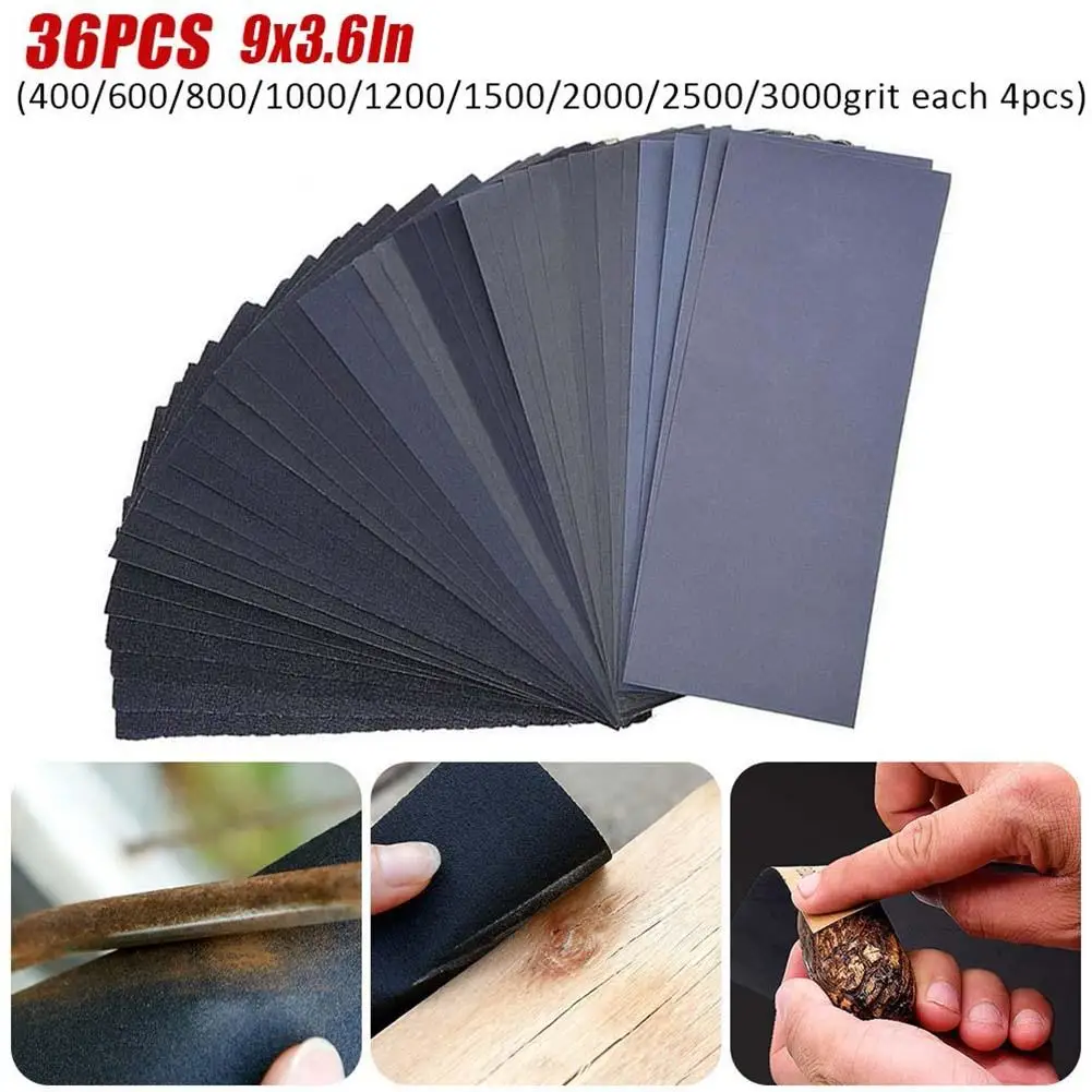 

36Pcs Car Sandpapers Wet And Dry Sand Paper Mixed Assorted 400/600/800/1000/1200/1500/2000/2500/3000 Grit Car Paint Sandpaper