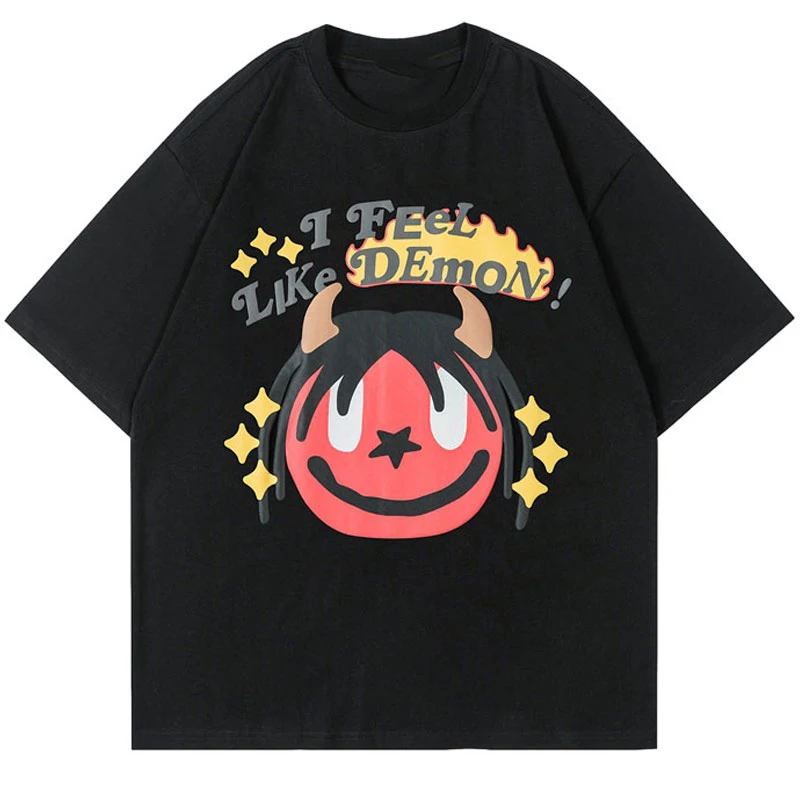 

Hip Hop T Shirt Streetwear Harajuku Funny Cartoon I Feel Like Demon Print Casual Tshirt 2023 Men Women Fashion Cotton Loose Tops