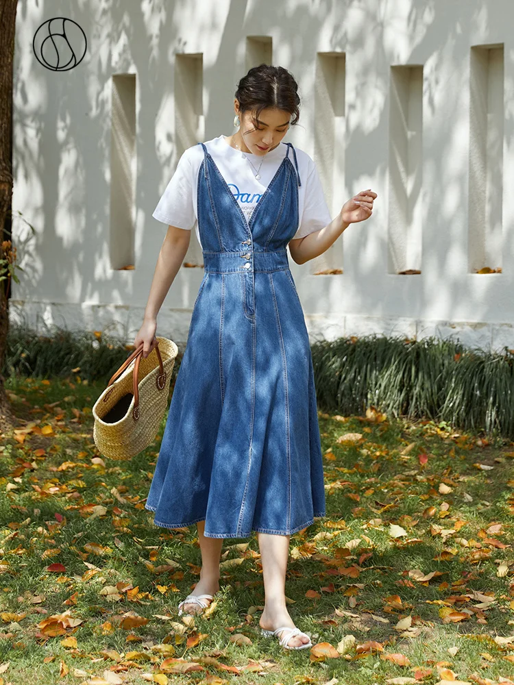 

Женское кружевное джинсовое платье DUSHU, Длинное свободное платье на бретелях с V-образным вырезом синего цвета для офиса, лето 2021