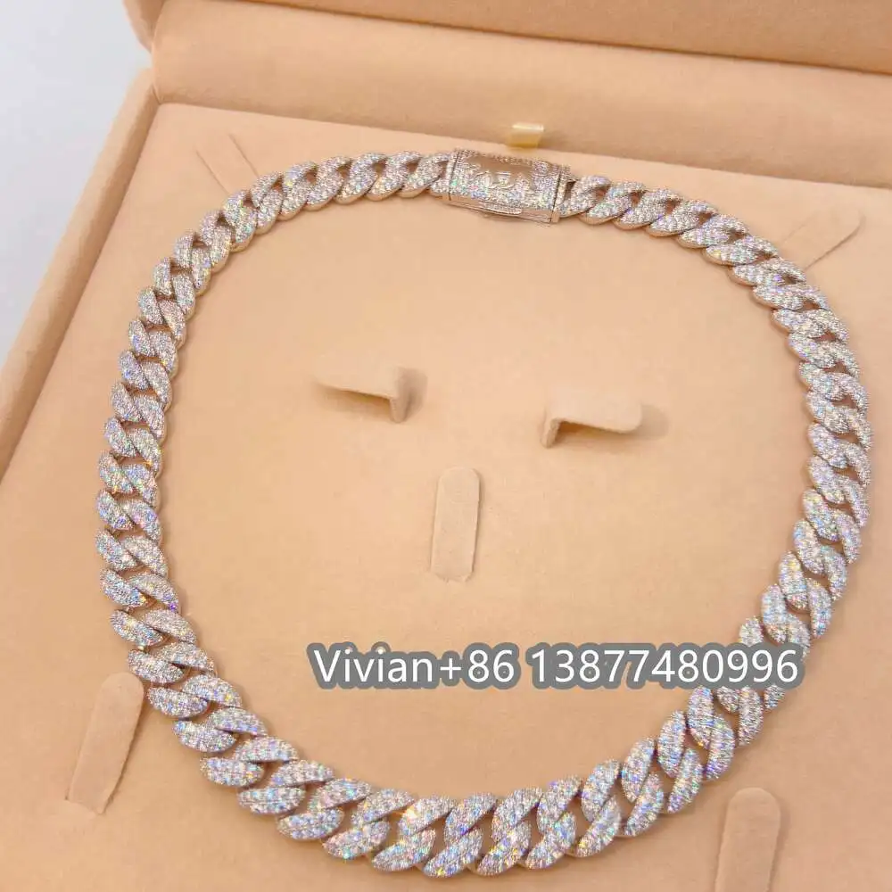 Кубинская цепочка из серебра 925 пробы с муассанитом 12 мм