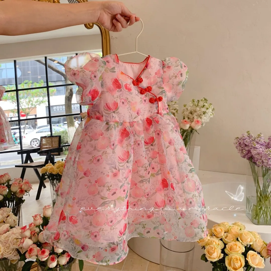 

2022 Summer New Children Clothes Baby Girls Sweet Puff Sleeve Flower Dress