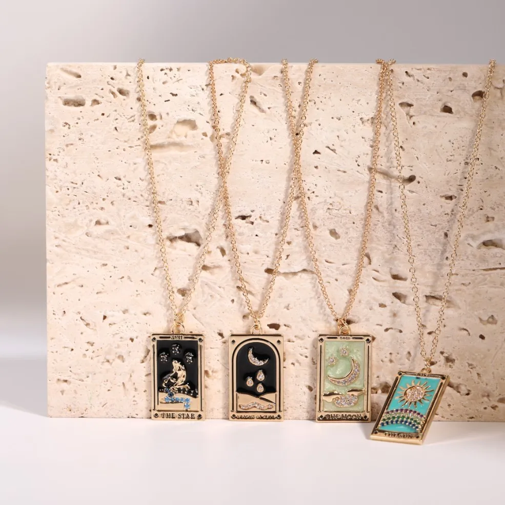 

Vintage Colorful Tarot Cards Esotericism Necklace Aesthetic Stainless Steel Jewelry Astrology Talisman Sun and Moon Pendant Gift