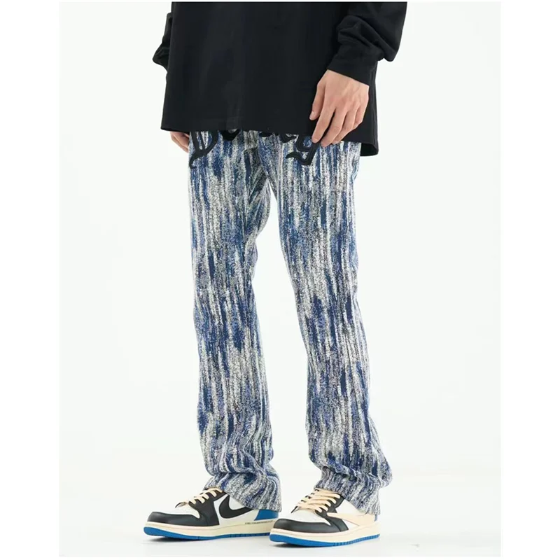 Streetwear Men Embroidered Letter Recreational Jeans Sense of Design Vintage Blue Straight Pants Autumn and Winter Female 2022