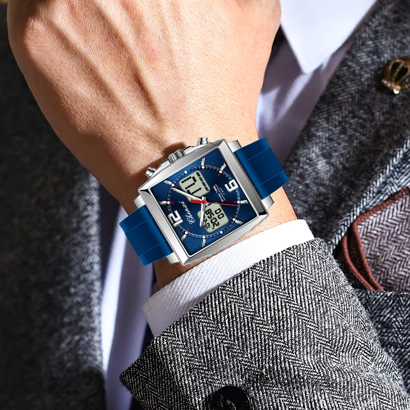 Фото Модные повседневные мужские спортивные часы с квадратным циферблатом, двойным временем, часы CHENXI, силиконовый ремешок, водонепроницаемые, многофункциональные наручные часы для мужчин №5
