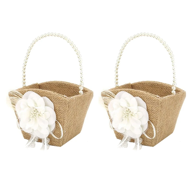 

2X Flower Girl Basket Rustic Burlap For Vintage Rustic Wedding Party Flower Basket With Pearl Handle