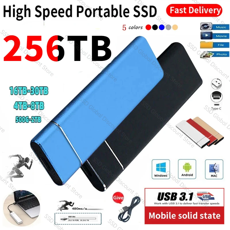 

High-Speed 2TB 8TB 16TB SSD Portable External Solid State Hard Drive 256tb USB3.1 Interface Mobile Hard Drive for Laptop Mac ps5