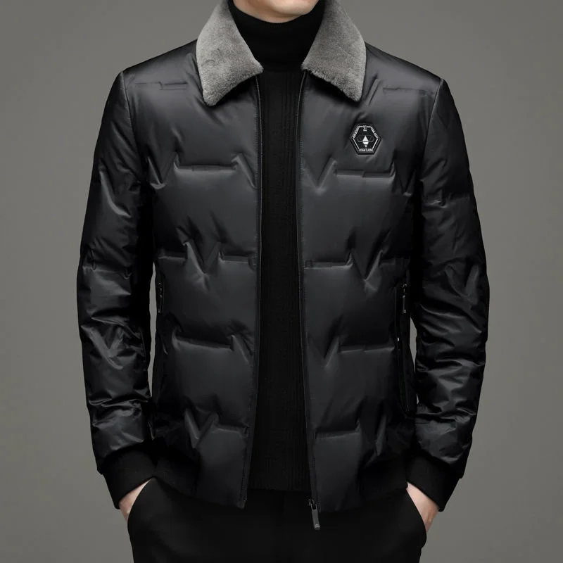 Men Down Jacket Winter Warm Casual Coat Blue Korean Fashion Long Sleeves Slim Black Men Short Outerwear Fur Collar Detachable